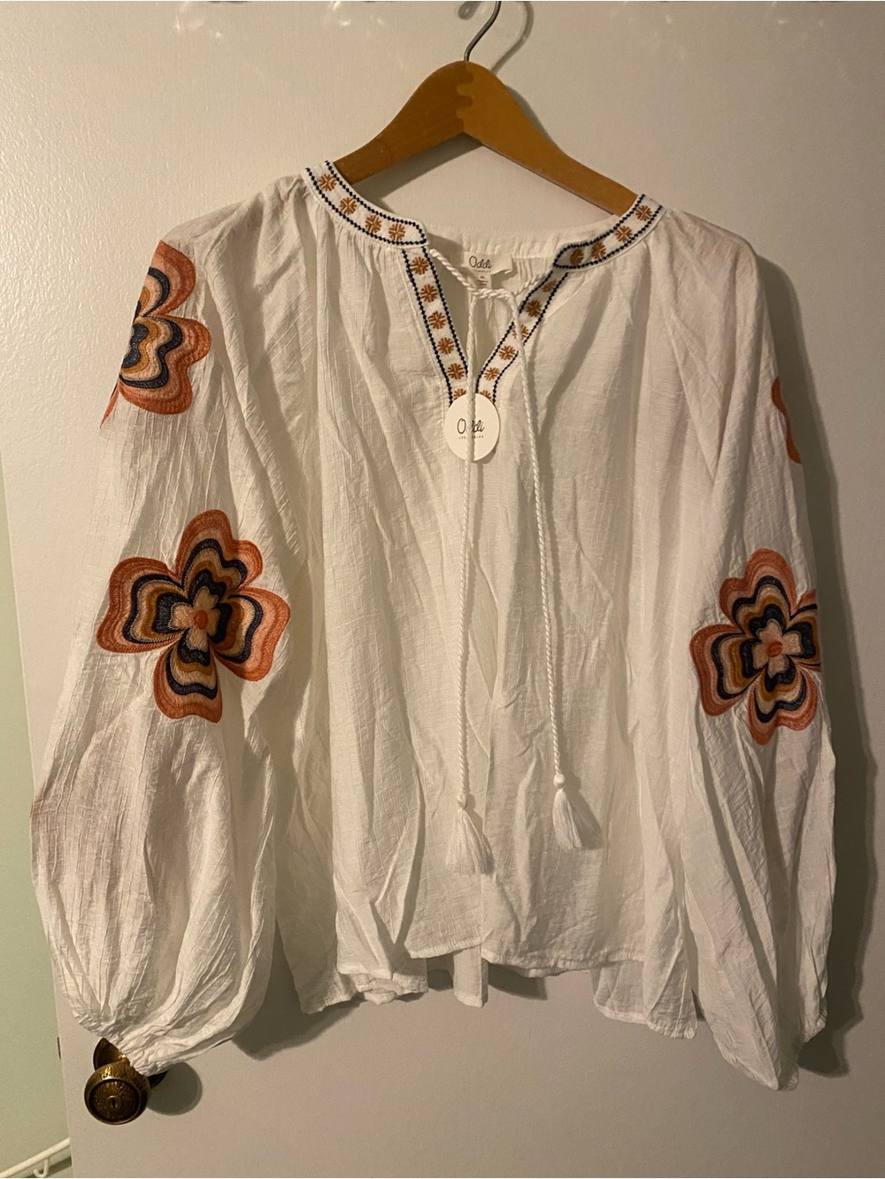 Boho White Embroidered Peasant Blouse with Orange Floral Details